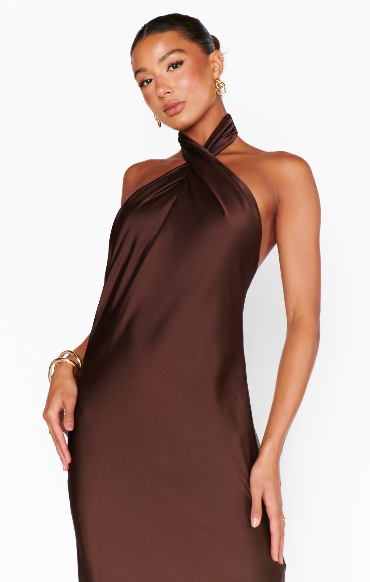 Jasmine Halter Maxi Dress ~ Chocolate Luxe Satin