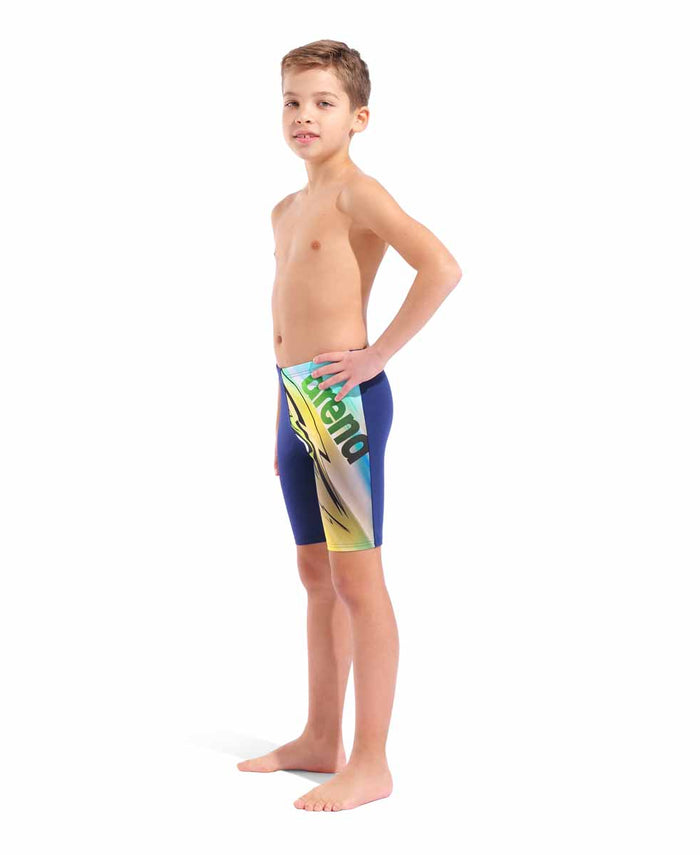 Arena boys' navy and multi-colored swim jammer, featuring the brand logo, designed for competitive swimming and active wear.