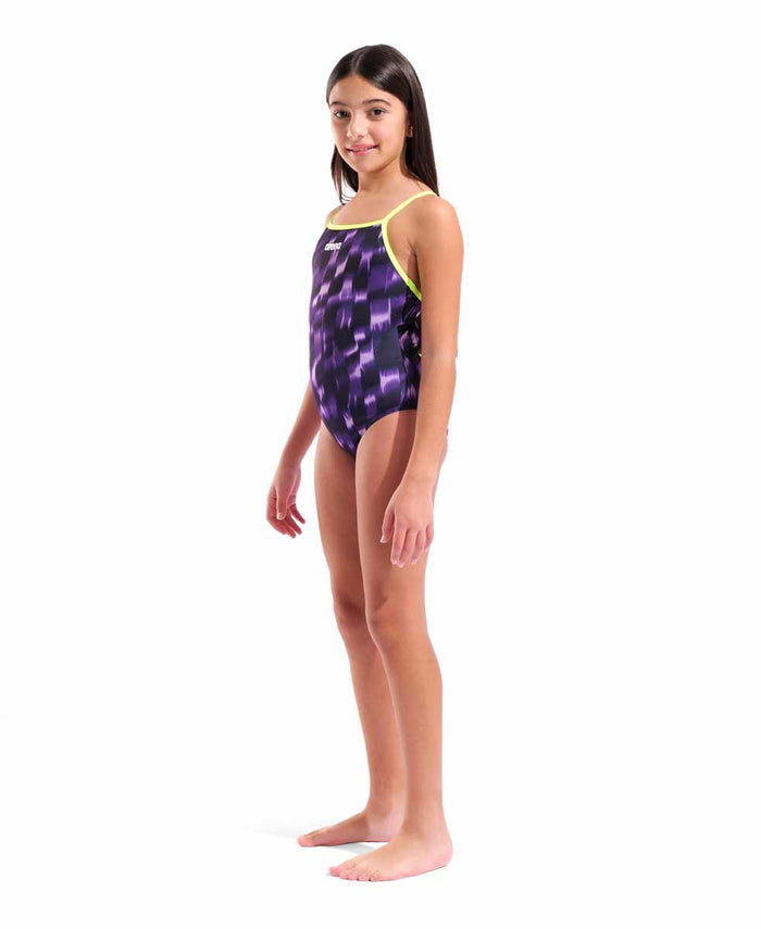 Arena girls' Wave Lightdrop back swimsuit in Arctic Lime and Team Purple, featuring a vibrant color-block design and sporty style.