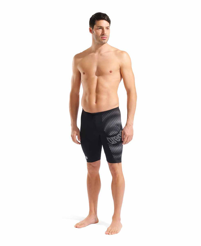 Black and white Arena men's distortion swim jammer, fitted and sleek, designed for competitive swimming performance.