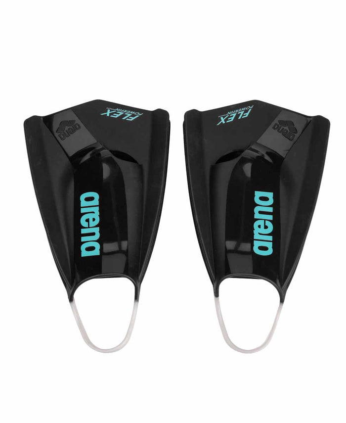 Black Arena Powerfin Pro Flex fins for swimming, shown with flexible blade design and adjustable foot pocket.