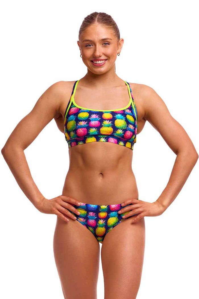 Funkita Ladies Pine Gap sports bikini top in vibrant multi-color with a sleek, fitted design for swimming and active wear.