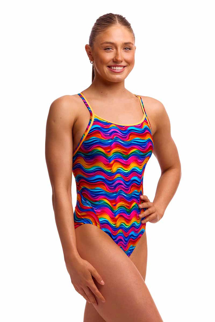 Funkita Ladies Plastic Fantastic diamond back one-piece swimsuit in vibrant multicolor design, perfect for competitive swimming.