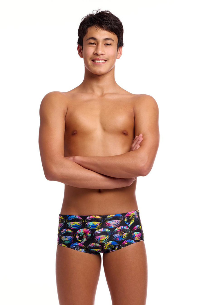 Colorful Funky Trunks Boys Ham Bam Maam Sidewinder trunks with vibrant patterns, featuring the brand's signature fun design.
