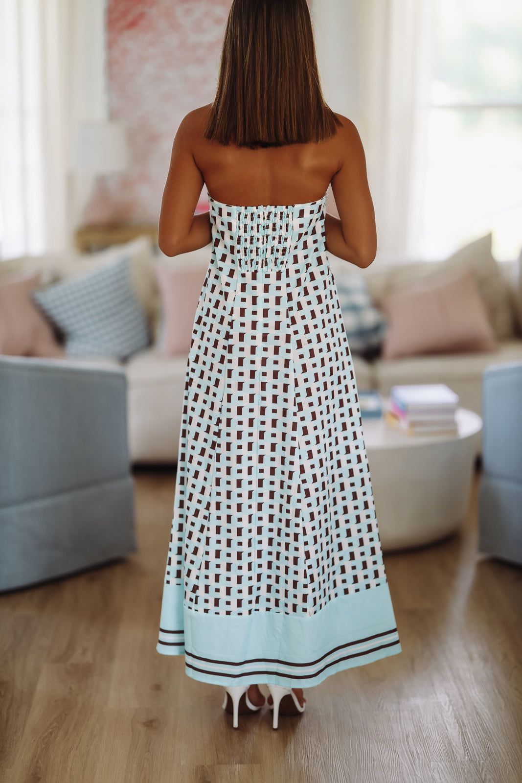 Eye Catcher Printed Strapless Maxi Dress - Brown and Light Blue