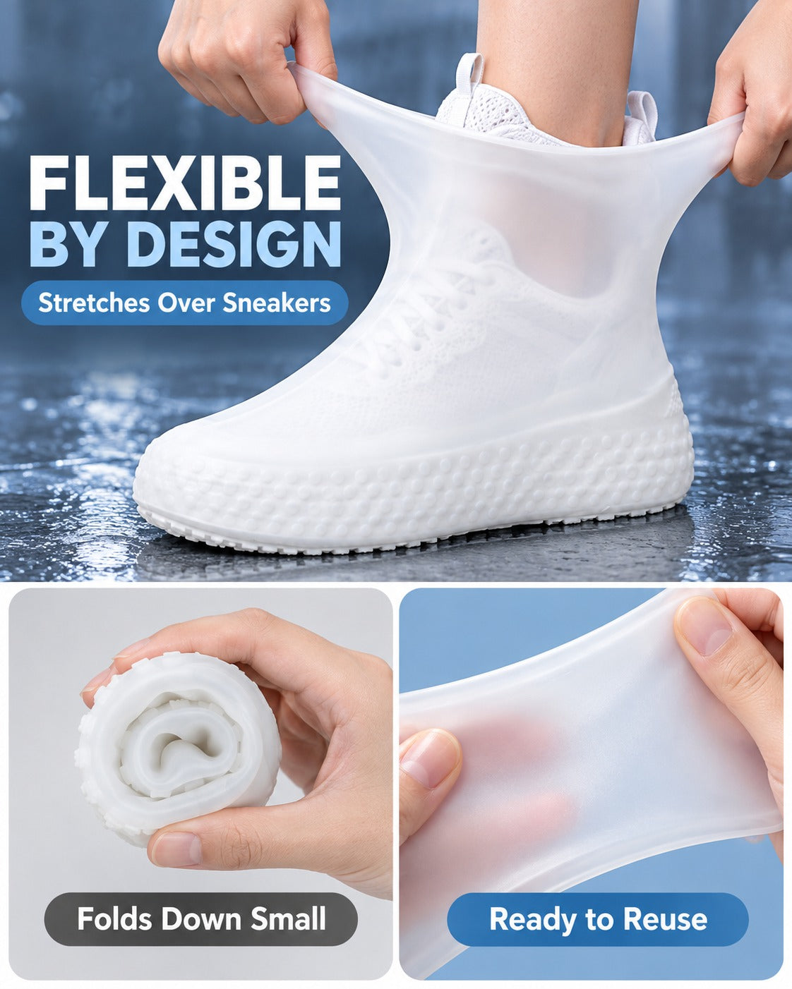 Packable Stretch-On Rain Shoe Covers – Reusable Waterproof Overshoes for Everyday Footwear