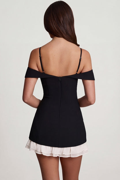 Off-Shoulder Ruffle A-Line Mini Dress in Black