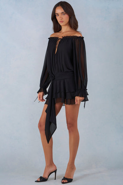Off-Shoulder Balloon-Sleeve Mini Dress in Black