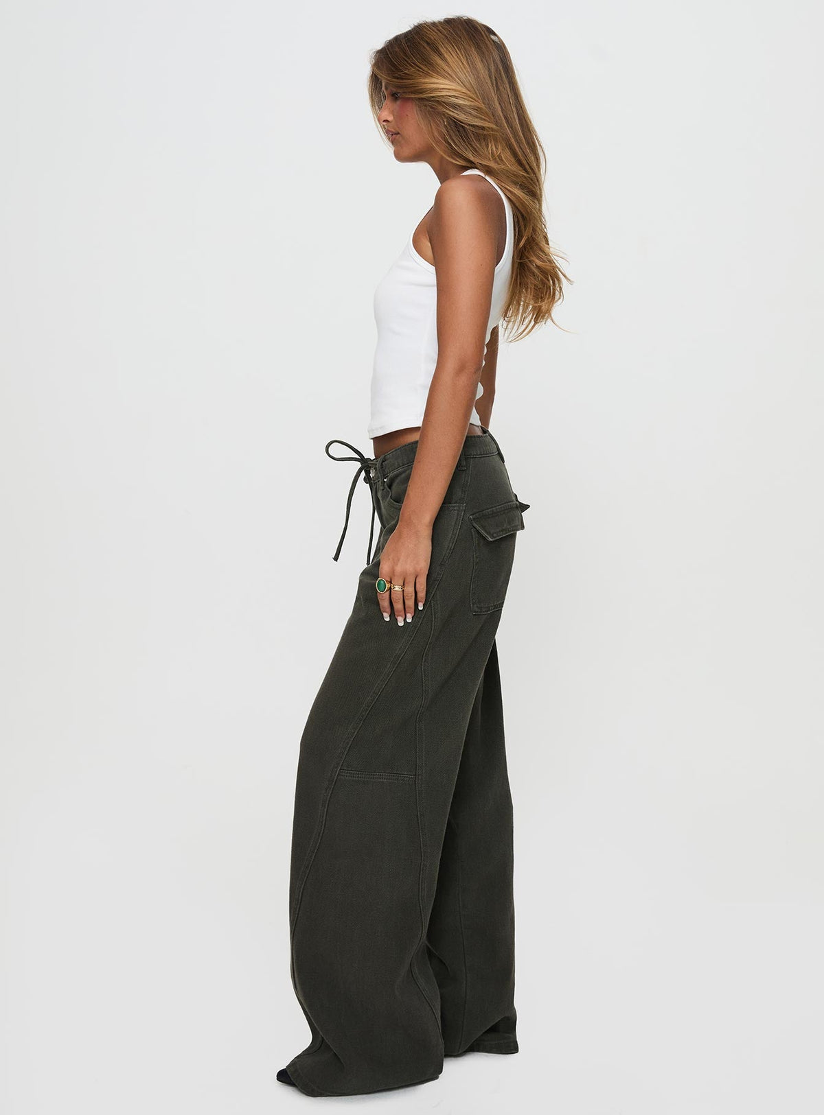 Bruiser Tie Waist Mid Rise Wide Leg Jeans Green Petite