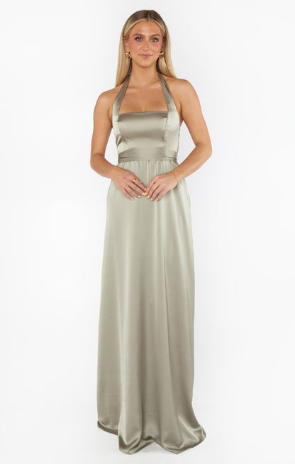 Hazel Halter Maxi Dress ~ Moss Green Luxe Satin