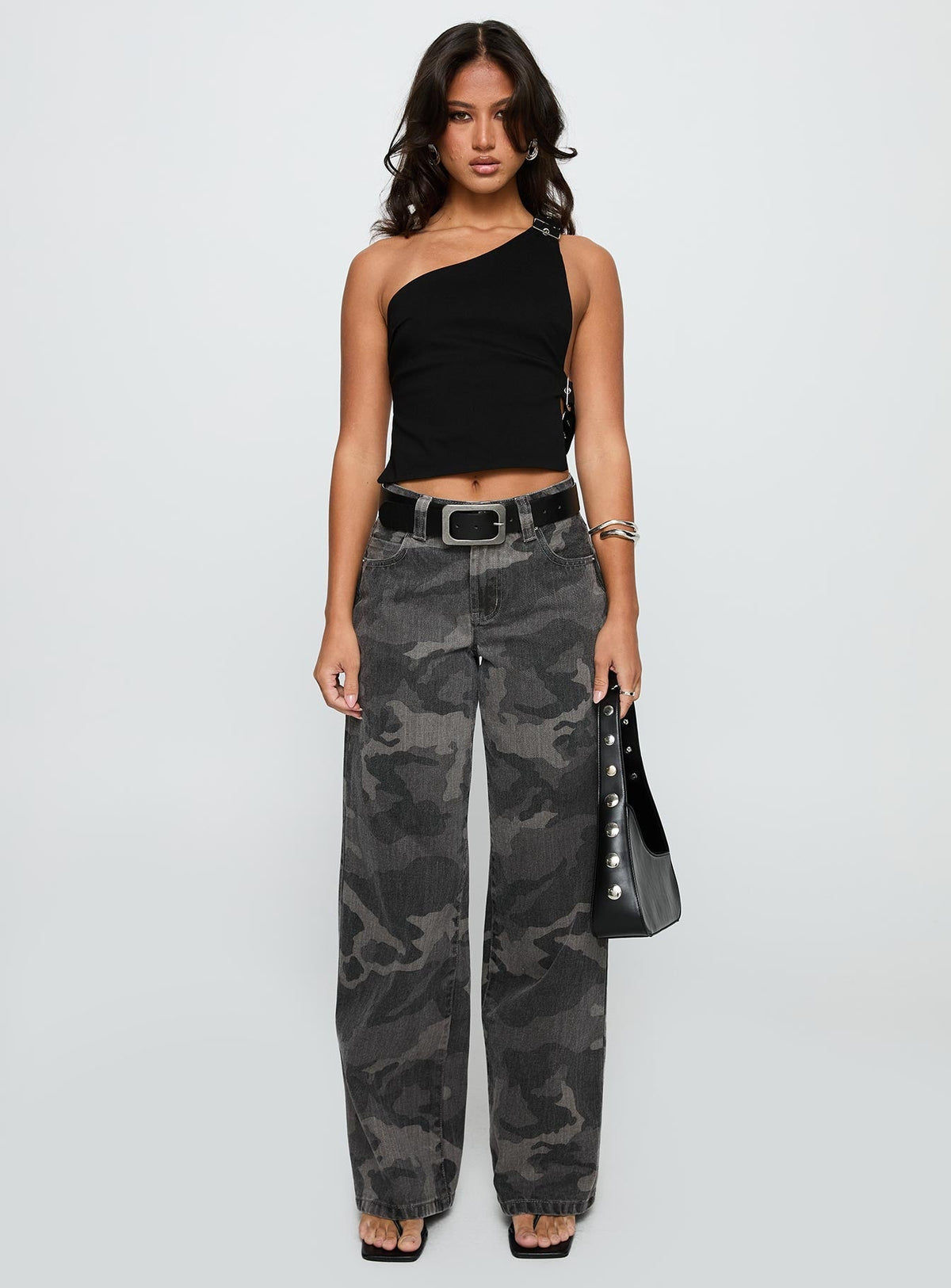 Buckled Down One Shoulder Top Black