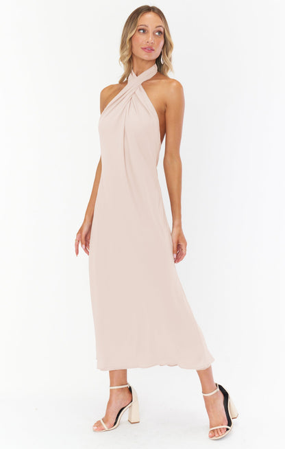 Jasmine Halter Midi Dress ~ Dusty Blush Crisp