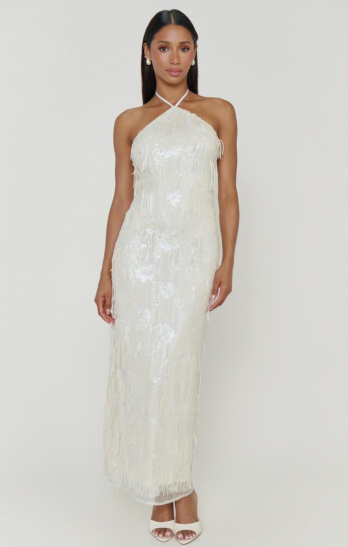 Julianna Maxi Dress ~ White Fringe Sequins