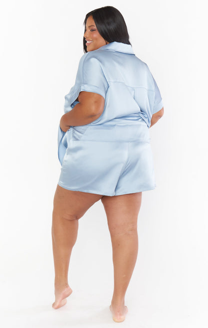 Glam Time Shorts ~ Steel Blue Luxe Satin
