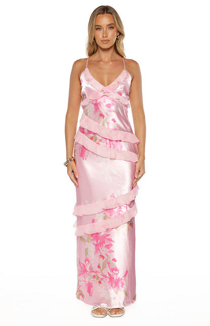 Inara Pink Floral Print Ruffle Maxi Dress