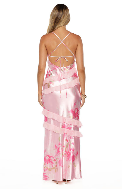 Inara Pink Floral Print Ruffle Maxi Dress