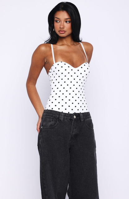 Stuck To You Bodysuit White/Black Polka Dot