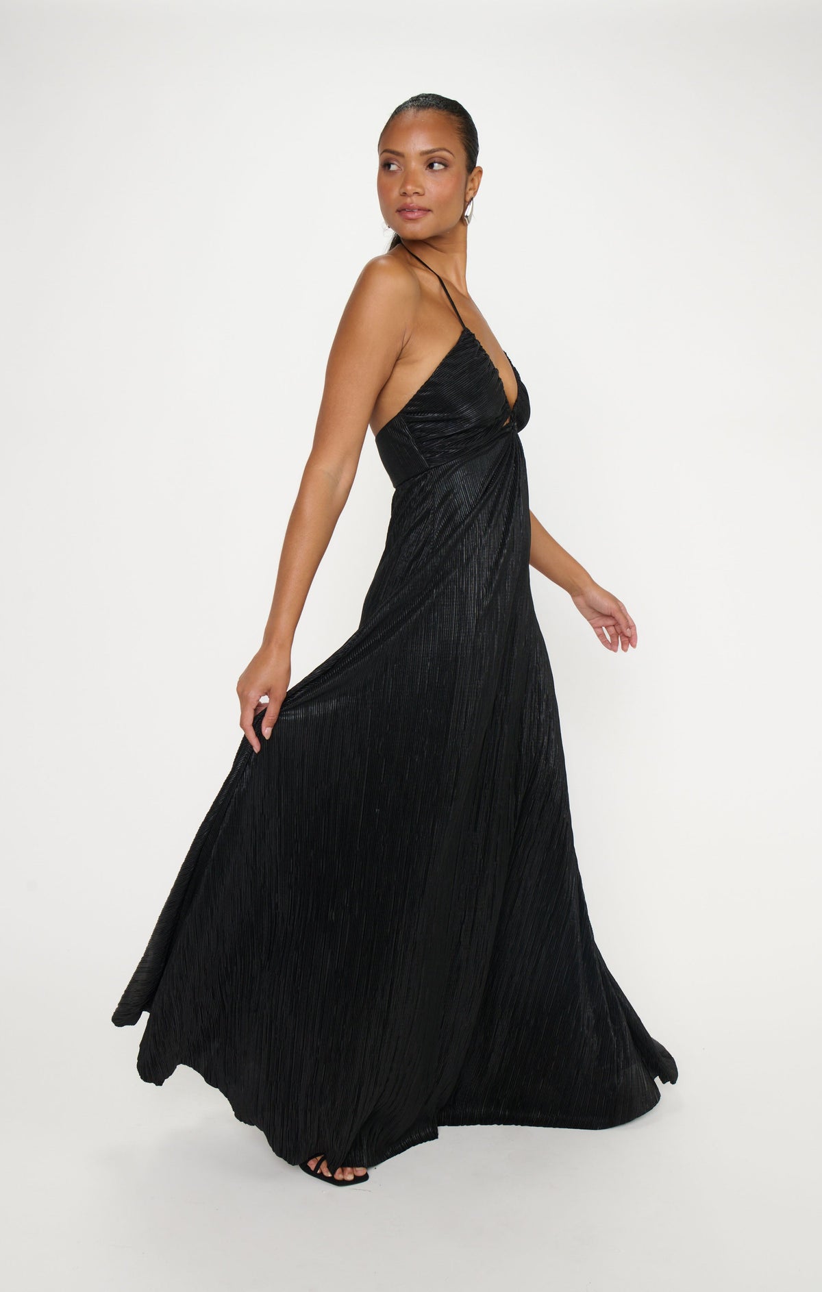 Paros Maxi Dress ~ Pleated Black Gloss