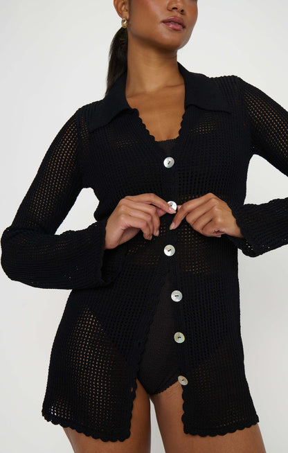 Button Up Coverup ~ Black Crochet
