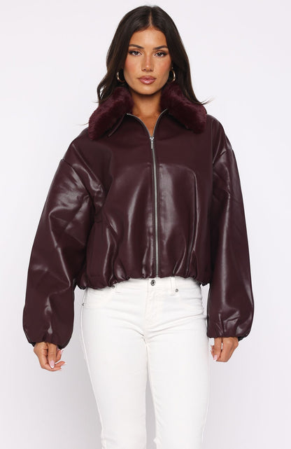 No Competition PU Bomber Jacket Burgundy