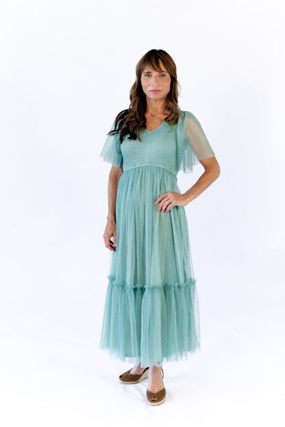 Celia Ruffled Mesh Dress · Sage Green