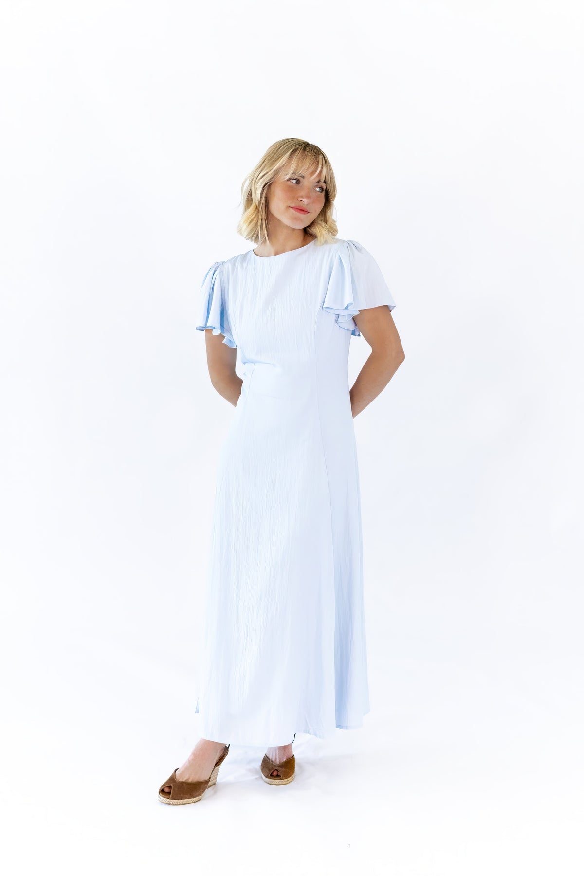 Enza Flutter Sleeve Dress · Blue