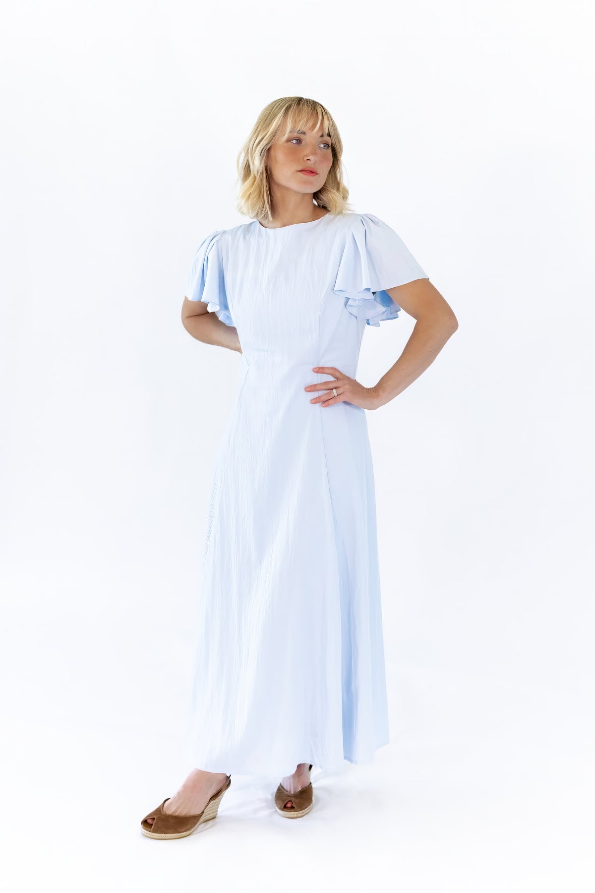 Enza Flutter Sleeve Dress · Blue