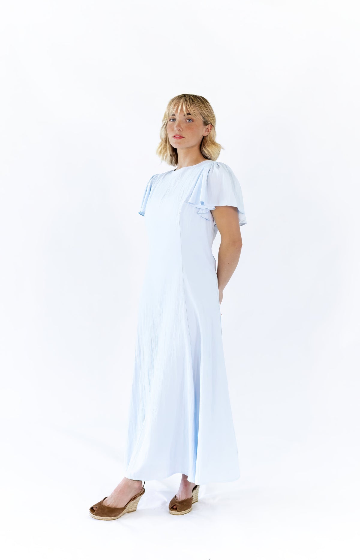 Enza Flutter Sleeve Dress · Blue