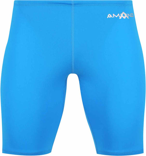Amani Boys Azure Jammer swimming trunks in royal blue with white logo, close-up of the product on a plain background.