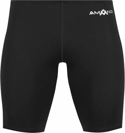 Amanzi boys' black Jet Jammer swimwear, close-up view showing sleek black fabric and snug fit for boys' swimming.