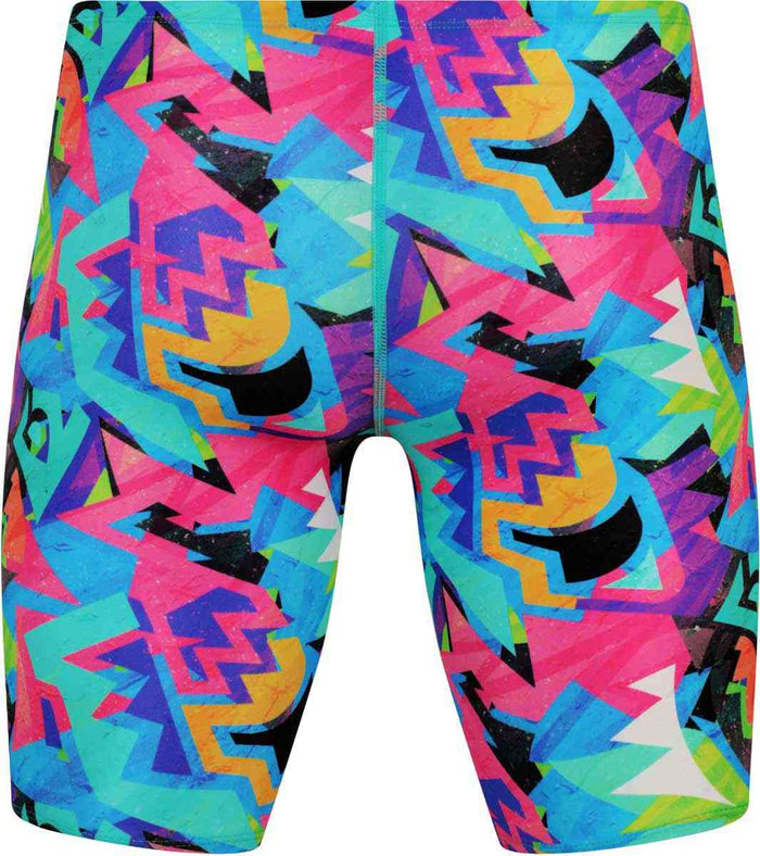 Amanzi Boys Nitro Jammer in multi-color, close-up view showing the sleek swimwear design and vibrant pattern.