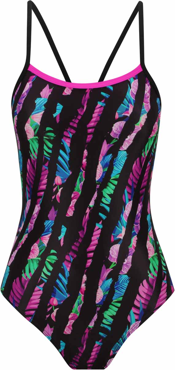 Amani girls Tropelle Proback one-piece swimsuit in multi-color with tropical print and high back design for swimming and beach fun.