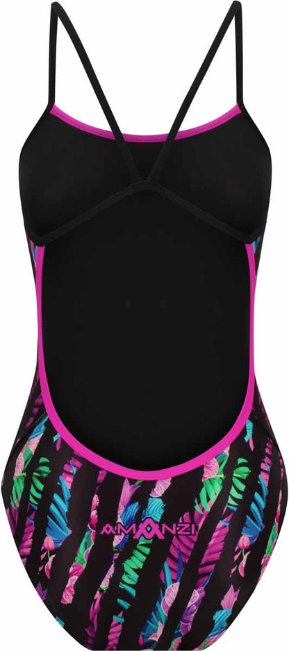Amani girls Tropelle Proback one-piece swimsuit in multi-color with tropical print, featuring a sporty design and adjustable straps.