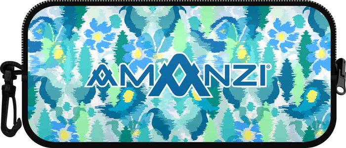 Amanzi Reflections neoprene goggle case in multi-color, soft protective case for storing swimming goggles.