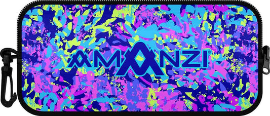 Amanzi Tactica neoprene goggle case in multi-color, designed to protect and store goggles securely.
