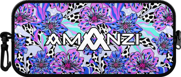 Amanzi Wildflower neoprene goggle case in vibrant multi-colored floral pattern, designed to protect goggles.