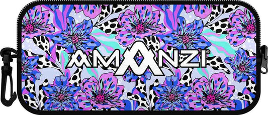 Amanzi Wildflower neoprene goggle case in vibrant multi-colored floral pattern, designed to protect goggles.