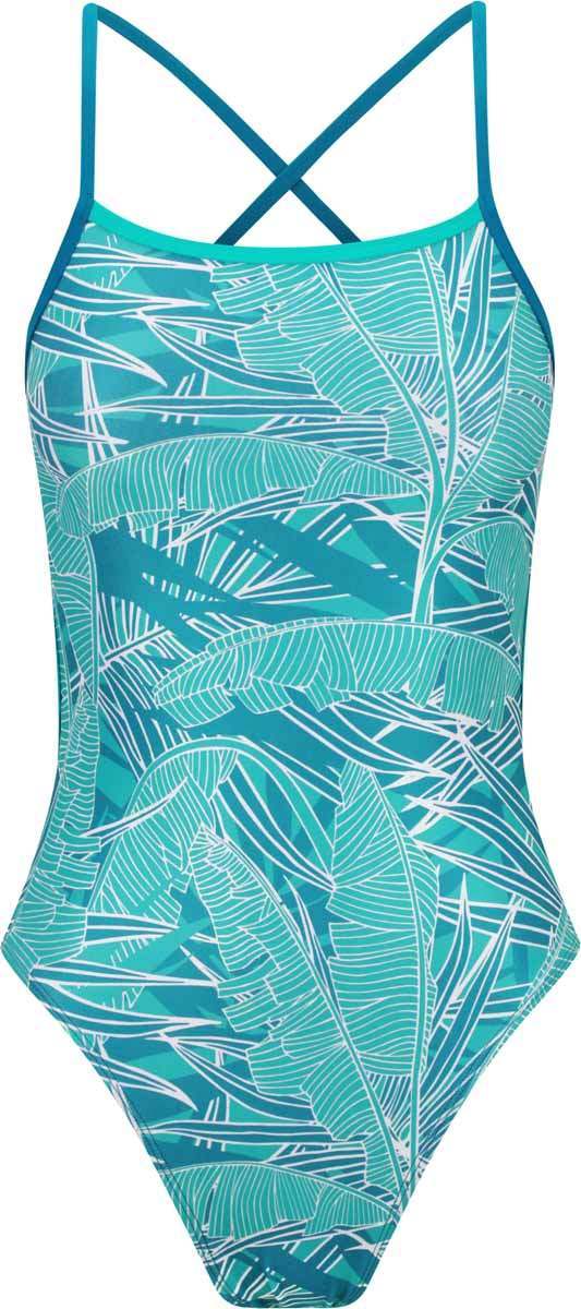 Amani womens blue Aloha tie-back one-piece swimsuit with a stylish design, featuring a plunging back and adjustable straps.