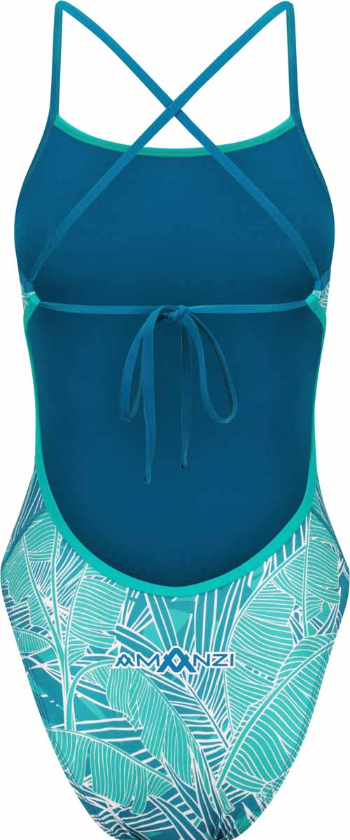 Amani women's Aloha tie back one-piece swimsuit in blue, featuring a stylish design and tie detail at the back.
