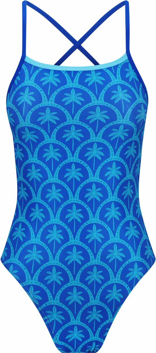Amani womens Arcana tie-back one-piece swimsuit in blue, featuring a stylish design and adjustable straps.