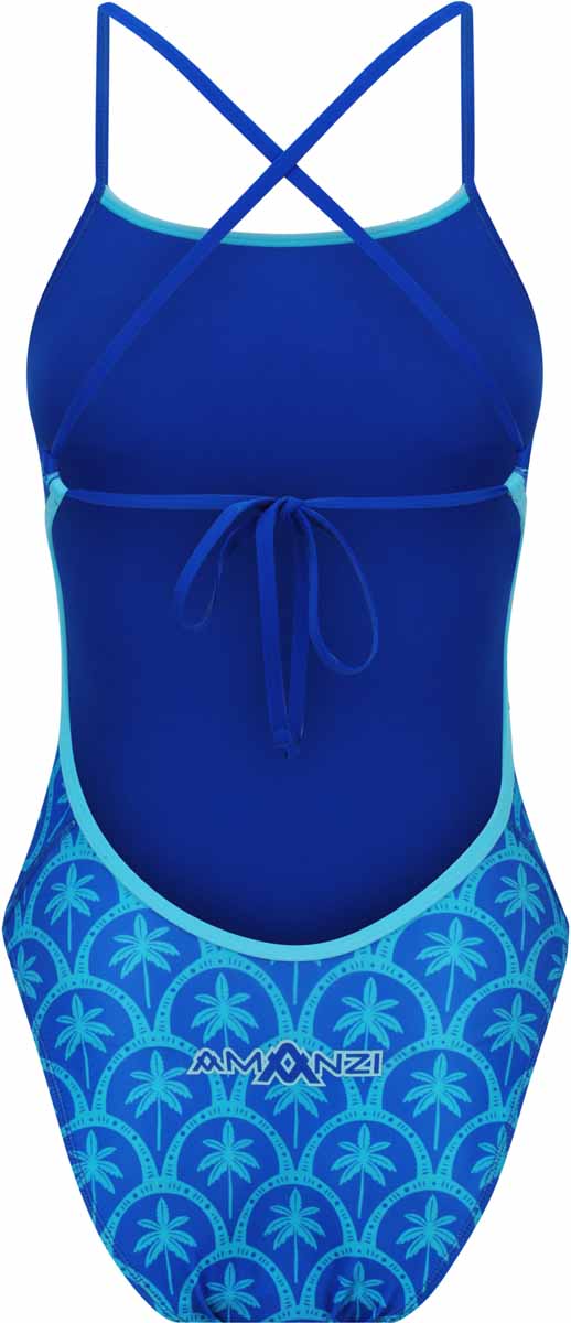 Amanzi women's Arcana blue tie-back one-piece swimsuit displayed on a model, featuring a sleek design and adjustable back tie.