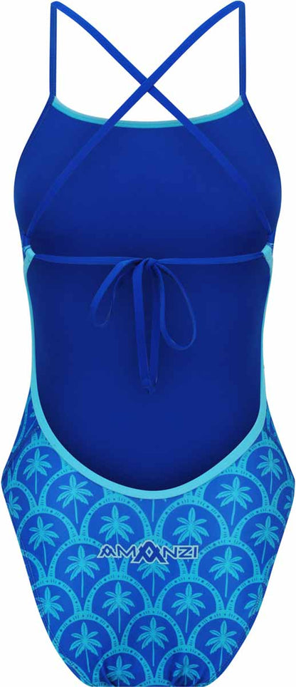 Amanzi women's Arcana blue tie-back one-piece swimsuit displayed on a model, featuring a sleek design and adjustable back tie.
