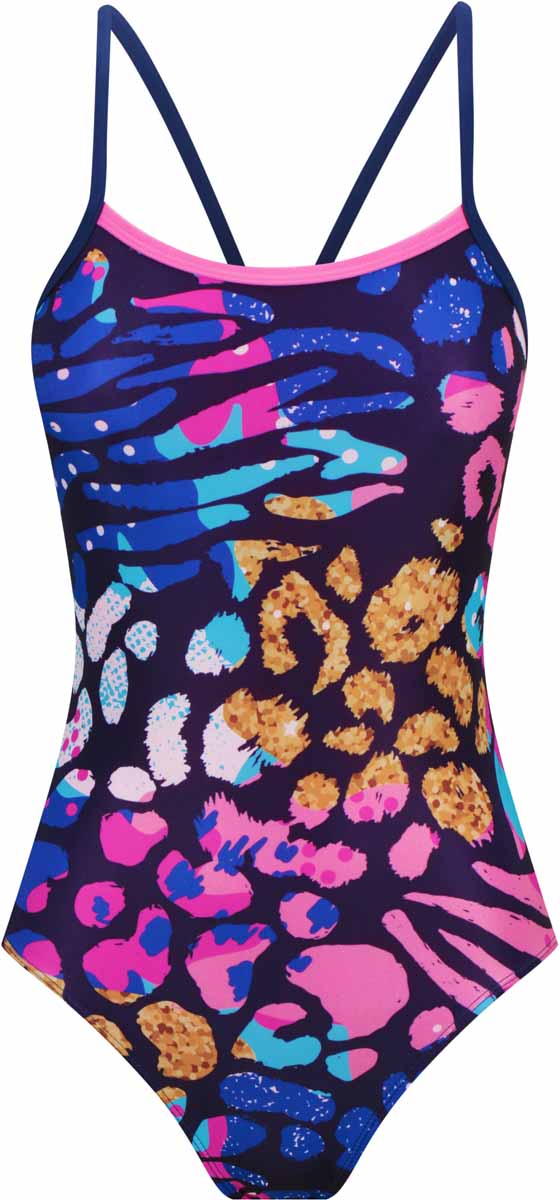 A woman wearing the Amanzi Nomara Proback one-piece swimsuit in a colorful multi design, showcasing a stylish and supportive swimwear style.