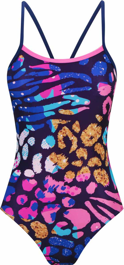 A woman wearing the Amanzi Nomara Proback one-piece swimsuit in a colorful multi design, showcasing a stylish and supportive swimwear style.