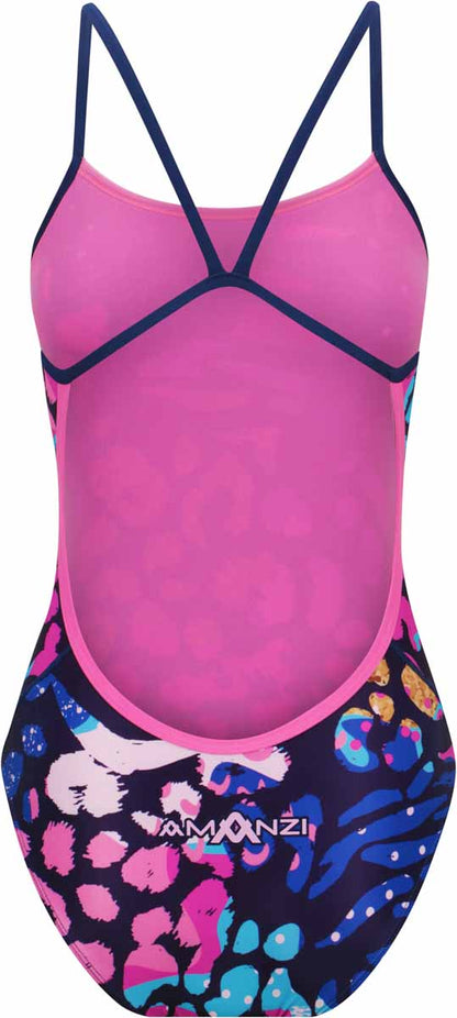 Amani Womens Nomara Proback one-piece swimsuit in multi-color with a sleek design and supportive back detail.