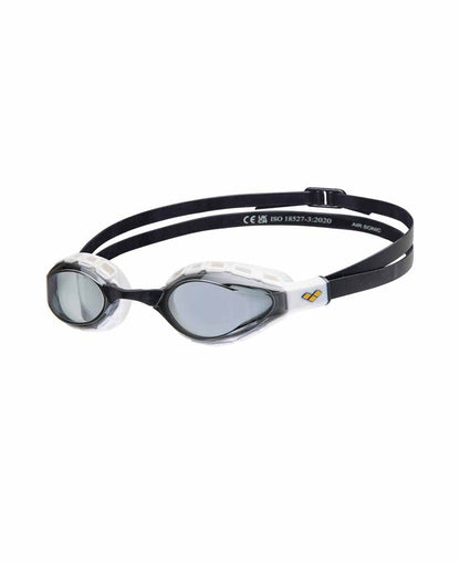 Arena Air Sonic racing goggles in smoke and black with adjustable strap and tinted lenses for competitive swimming.