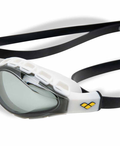 Arena Air Sonic racing goggles in smoke and black with adjustable straps and clear lenses, designed for high-speed sports.