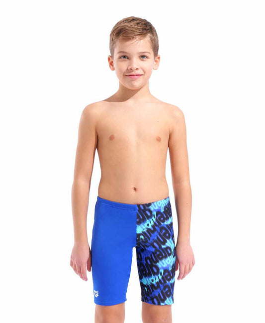 Arena boys' crowded swim jammer in neon blue with multi-colored design, made for competitive swimming and training.