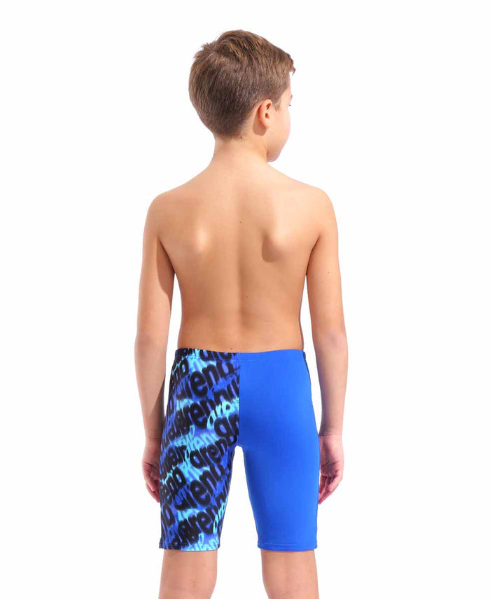 Arena boys' neon blue multi-colored swim jammers with a snug fit, designed for competitive swimming and active water sports.