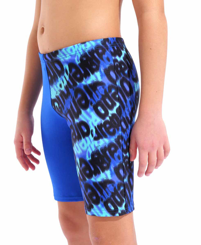 Arena boys' crowded swim jammer in neon blue and multi-color, featuring a snug fit and vibrant design for competitive swimming.